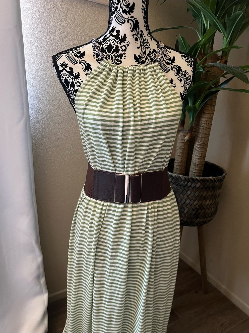 Hem & Thread Striped Halter Maxi in Light Green and White with Brown Belt